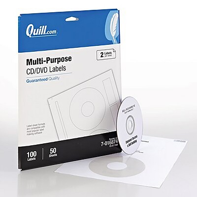 Quill Brand Laser/Inkjet CD/DVD Labels; WE 8-1/2x11" 2 Labels/Sheet 16874