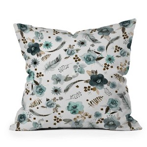 16"x16" Ninola Design Feathers and Flowers Romance Aqua Floral Square Throw Pillow Gold/Blue - Deny Designs - 1 of 4