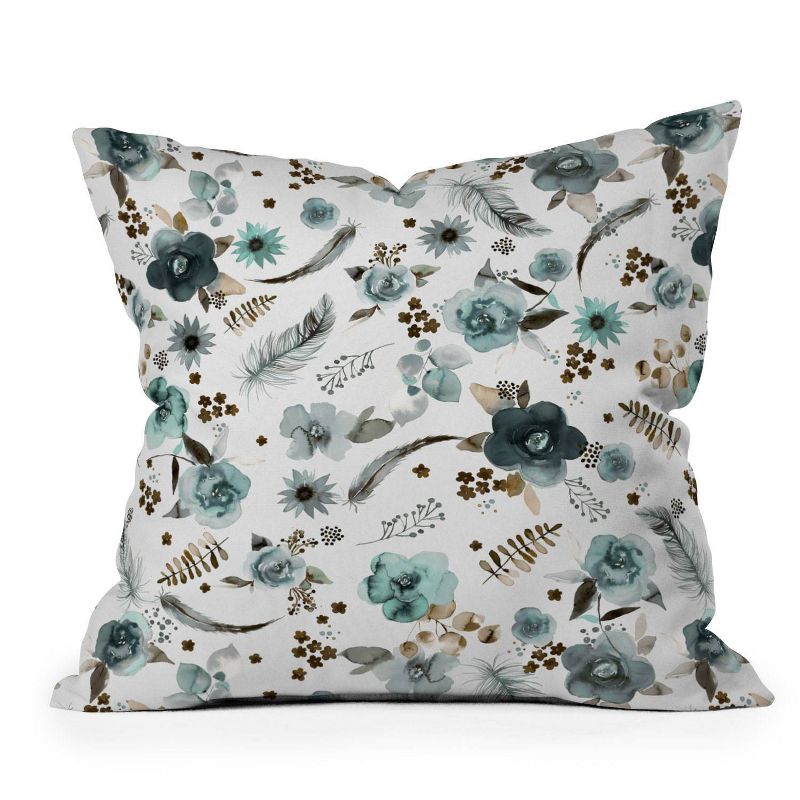 16&#34;x16&#34; Ninola Design Feathers and Flowers Romance Aqua Floral Square Throw Pillow Gold/Blue - Deny Designs, 1 of 6