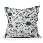 16"x16" Ninola Design Feathers and Flowers Romance Aqua Floral Square Throw Pillow Gold/Blue - Deny Designs