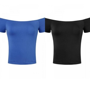 Allegra K Women's Short Sleeves Off The Shoulder Stretchy Fabric Solid Crop Top 2 Packs - 1 of 4