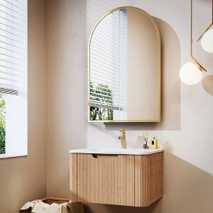 24" Wall-Mounted Floating Bathroom Vanity Bathroom Cabinet in Natural Walnut Color with Ceramic Basin and Iron Mirror Cabinet - 1 of 4