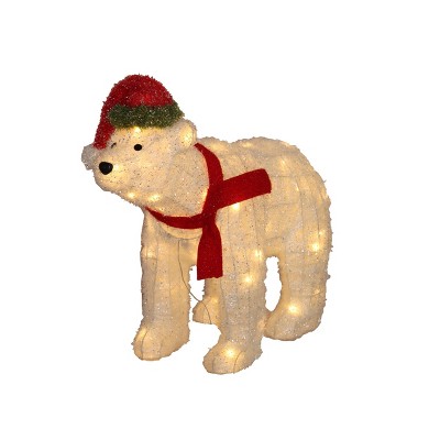 Season's Designs 3 ft White Tinsel Outdoor Polar Bear with Christmas Hat and Red Scarf Indoor/Outdoor Use, Ground Freestanding, , LED Warm White