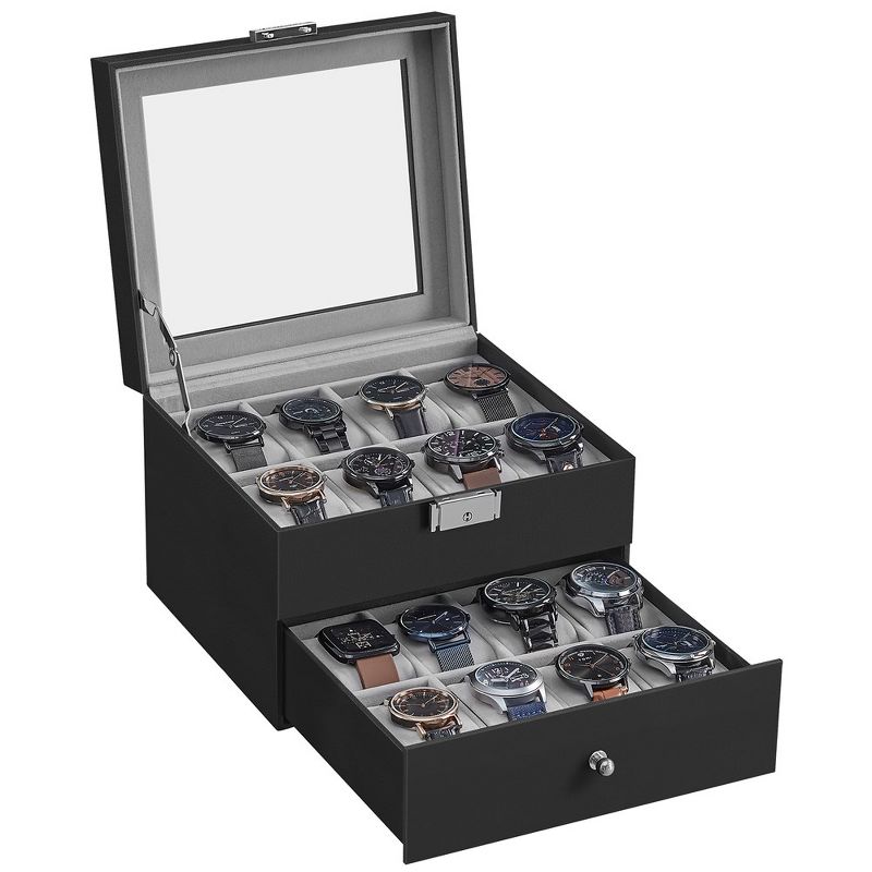 SONGMICS 16-Slot Watch Box Watch Case with Glass Lid 2 Layers Lockable Watch Display Case Black Synthetic Leather, 1 of 7
