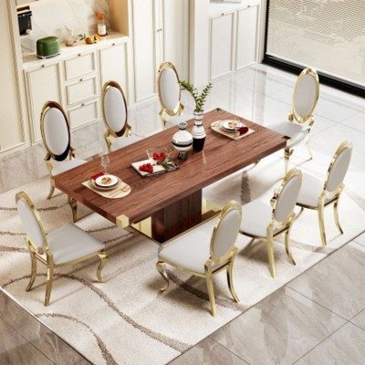 Dining Table, 78.74 Inch Kitchen Table With Gold Finish Corner, Rectangular Dining Table With Stainless Steel Base, Dining Room Table For Home