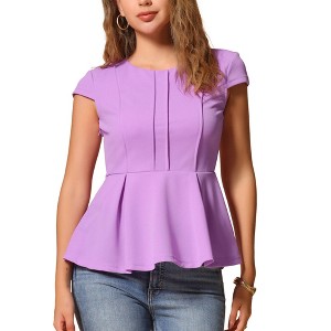 INSPIRE CHIC Women's Elegant Round Neck Cap Sleeve Solid Color Peplum Blouses - 1 of 4