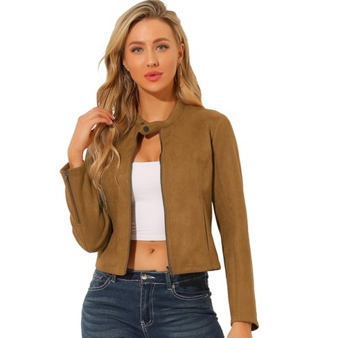 Faux Suede Biker Jacket In Tan