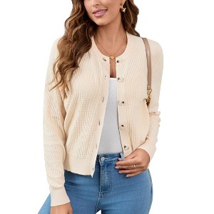 Womens Waffle Knit Cardigan Long Sleeve Button Down Cardigan Round Neck Ribbed Cuff Sweater Knit Jackets,Apricot - 2XL - 1 of 4