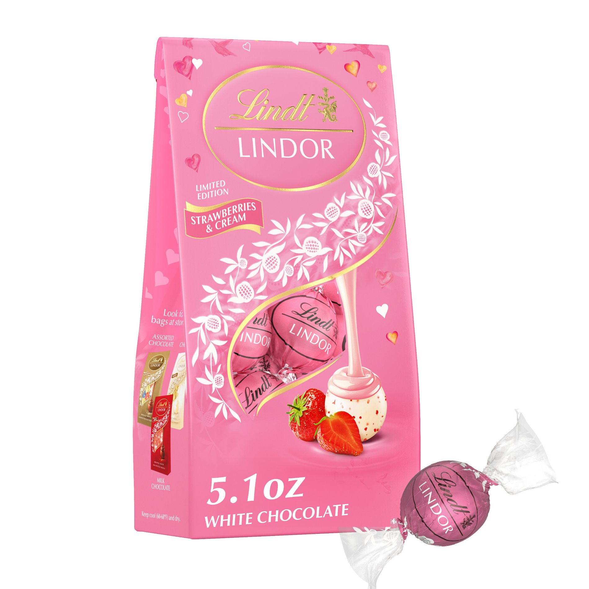 LINDOR, Lindt Valentine's Strawberries and Cream Chocolate Candy Bag - 5.1oz