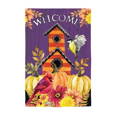 Evergreen Welcome Fall Bird House Moire Garden Flag 12 x 18 Inches Indoor Outdoor Decor