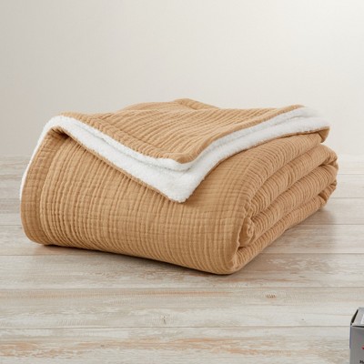 Beige Cotton Muslin Fleece Reversible Throw Blanket