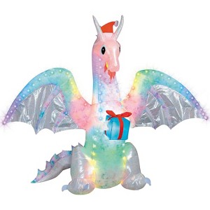 Gemmy 6 Ft 10" Inflatable Rainbow Lightshow Dragon with Flaming Mouth - Christmas Outdoor Yard Decoration - 1 of 2