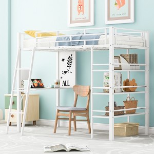 Twin Size Metal Loft Bed with 3 Layers of Shelves and Desk - 1 of 4