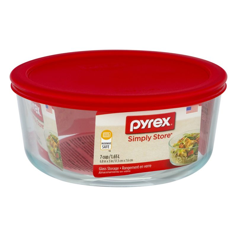 Pyrex 7 Cup Storage Capacity Plus Round Dish with Plastic Cover Sold in Packs of 4, Red, 2 of 5