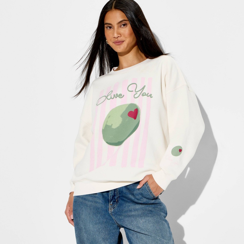 Women's Olive Fleece Graphic Pullover Sweatshirt - Cream XS