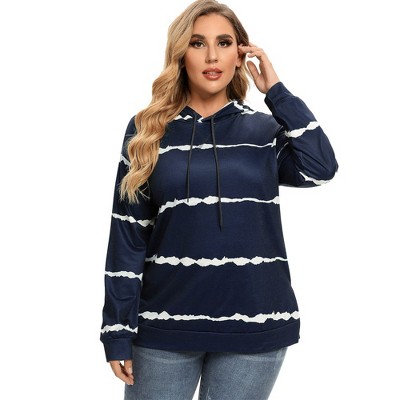 WhizMax Women Plus Size Striped Color Block hoodie Drawstring Long Sleeve Hooded Pullover Sweatshirt