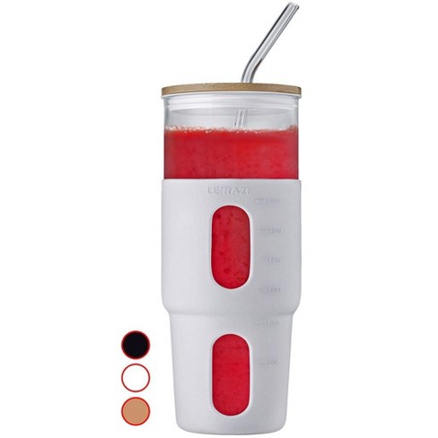 32oz Glass Tumbler With Bamboo Lid And Straw, Handle And Sleeve