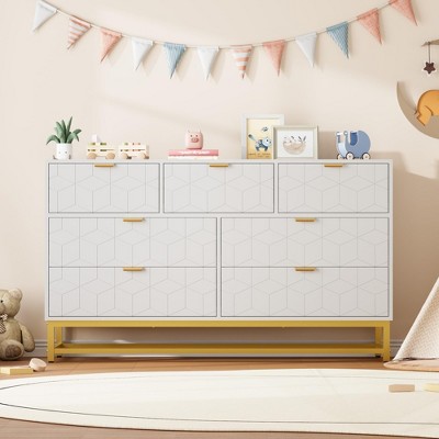 7 Drawer Dresser for Bedroom, 53.5" Wide Chest of Drawers with Golden Metal Handle & Legs, Modern Dresser Organizer TV Stand for Living Room Entryway