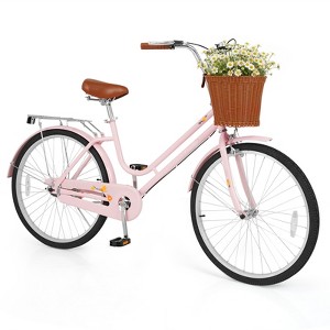 ピンク シティサイクル 前後バスケット付き Costway 24-Inch Beach Cruiser Bike with Adjustable Seat, Woven