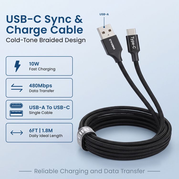 Emerald 6ft Braided USB-A to USB-C (Type-C), Fast Charging & Data Syncing Cable, 3 of 8