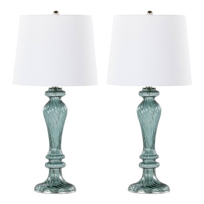 Set of 2 Smokey Turquoise Glass Table Lamps with White Linen Shades