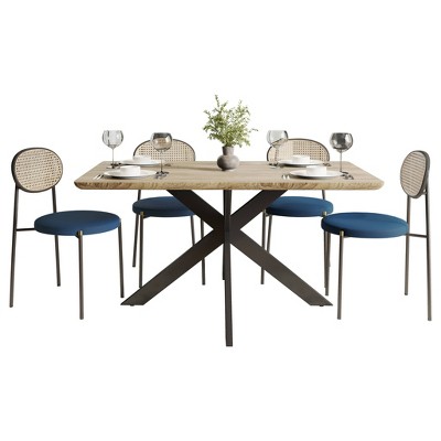 LeisureMod Ravenna 5-Piece Dining Set - 63" Rectangular MDF Top Dining Table in Maple & 4 Velvet Dining Chairs in Black Steel Legs
