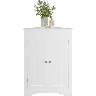 Bathroom Corner Storage Cabinet with Adjustable Shelf, 2 Doors & Silver Knobs, Floor Standing Narrow Corner Organizer for Bathroom, Kitchen