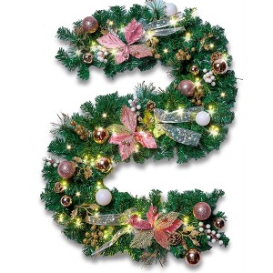 JOYFY PreLit 6/9 FT Christmas Garland with LED Lights, Timer and Ornaments, Artificial Holiday Decorations for Indoor Outdoor Xmas Holiday Door Decor - 1 of 4