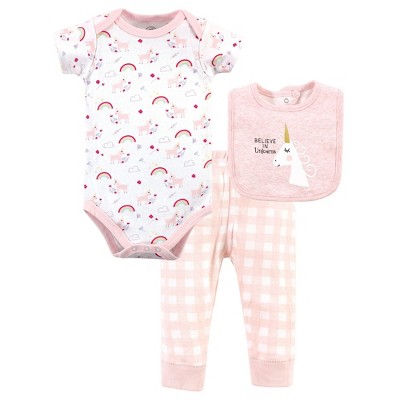 Luvable Friends Baby Girl Bodysuit, Pant and Bib, Unicorn