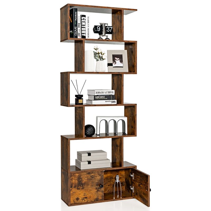 Costway 1 PC Bookshelf w/Cabinet 6-Tier S-Shaped Bookcase Storage Rack Rustic Brown\White, 1 of 11