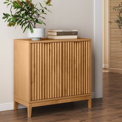 Photo 1 of Nathan James Jasper Fluted Storage Cabinet Natural Brown: Brass Handles, Adjustable Shelves, Mid-Century Modern