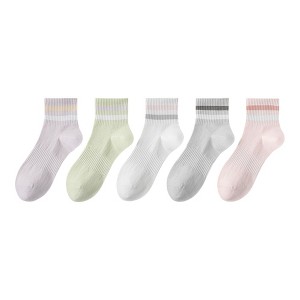 Anna-Kaci 5 Pairs Women Cotton Ankle Socks with Pastel Striped Cuffs Soft Breathable Knit Fabric for Everyday Comfort - 1 of 4