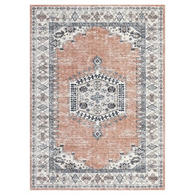 Washable Vintage Oriental Rug Non Slip Low Pile Rug Soft Throw Floor Cover Retro Medallion Foldable Indoor Carpet for Living Room Bedroom