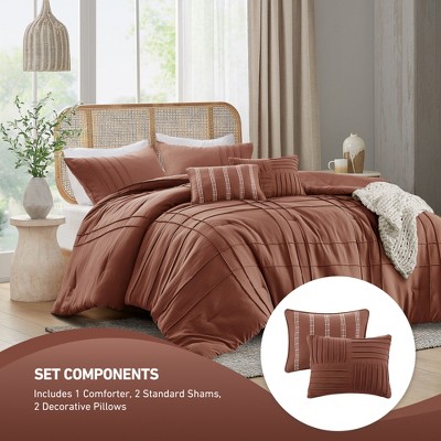 Regency Heights 5 Pcs Solid Color Pinch Pleated Comforter Sets, Premium Touch Lightweight Bedding Set with Matching Shams and Decorative Pillows, Clay, Queen — фото 2