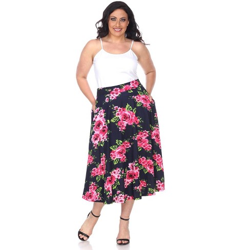 Women's Plus Size Flower Printed Tasmin Flare Midi Skirts Blue 1x ...