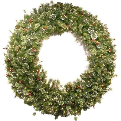 National Tree Company 72 Inch Pre-Lit Wintry Pine Artificial Christmas Holiday Wreath with UL Warm White Lights, Faux Snow Flocking, and Decor, Green