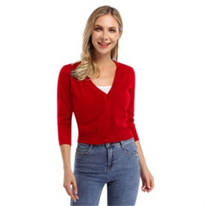 Clearlove Women's Cropped Bolero Cardigan – 3/4 Sleeve V-Neck Basic Classic Casual Button Down Knit Soft Sweater Top - 1 of 4