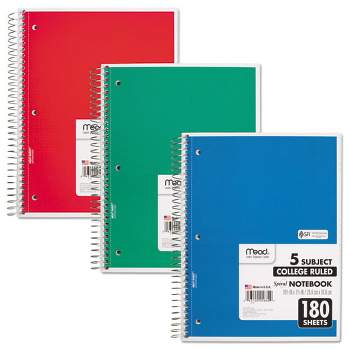 Mead Spiral Notebook, 5-Subject, Medium/College Rule, Randomly Assorted Cover Color, (180) 10.5 x 8 Sheets