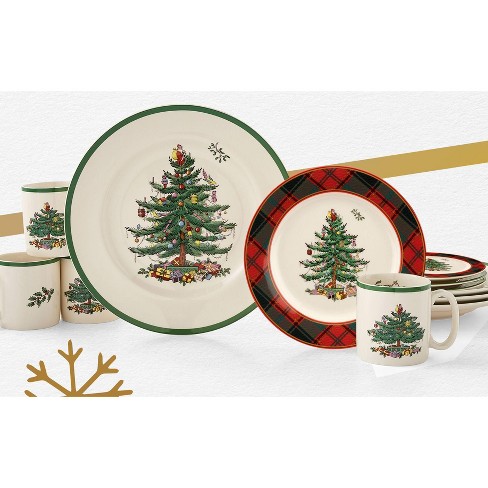 Spode Christmas Tree 4-Piece Dinnerware Setting | Made of Fine Earthenware  | Service for 1 | Dinner Plate, Salad Plate, Soup Bowl and Mug | Dishwasher