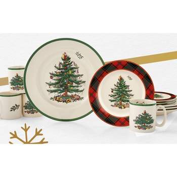 Spode Christmas Tree Tartan Collection 16-Piece Dinnerware Set, 10" Dinner Plate, 7.25" Salad Plate, 16 oz Cereal Bowl, 9 oz Mug