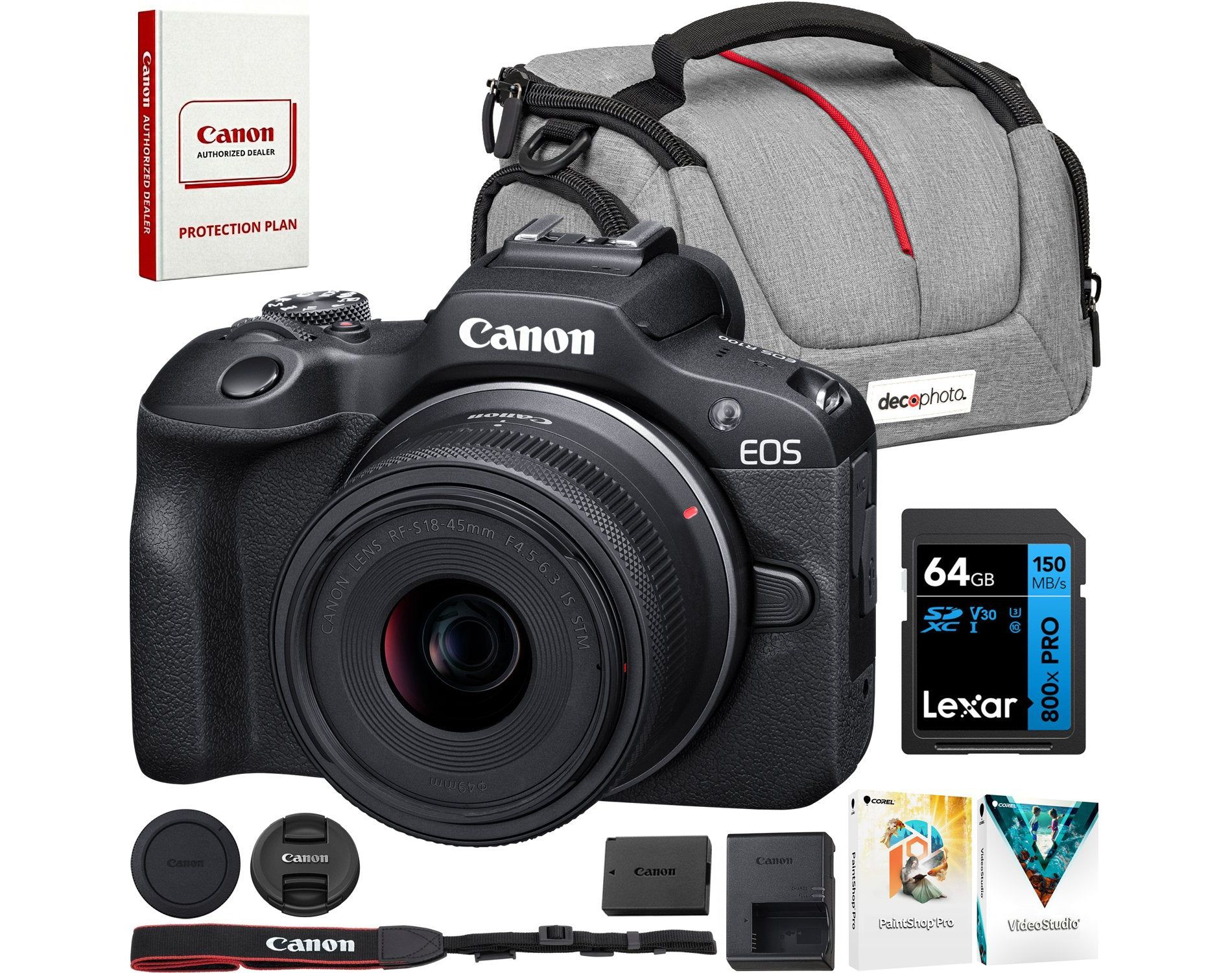 Canon EOS R100 Mirrorless Camera with RF-S18-45mm F4.5-6.3 Lens & 64GB Memory Bundle