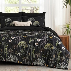 7-Piece Queen Black Floral Comforter Set - Dandelion Botanical Print, All-Season Soft Microfiber Bed-in-a-Bag with Sheets - 1 of 4