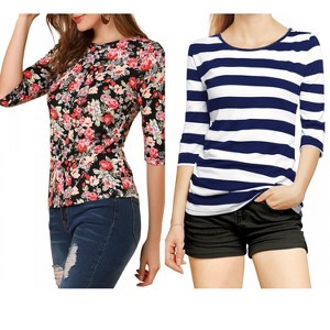 Allegra K Women's Elbow Sleeves Round Neck Slim Fit T-Shirt 2 Packs - 1 of 4