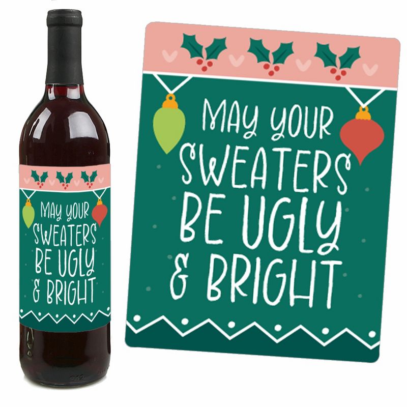 Big Dot of Happiness Colorful Christmas Sweaters - Ugly Sweater Holiday Party Decorations for Women and Men - Wine Bottle Label Stickers - Set of 4, 3 of 9