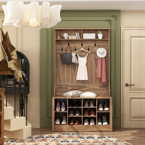 Famapy Brown Wood 3-in-1 Hall Tree Bench with Double Hooks and Shelves - 1 of 4
