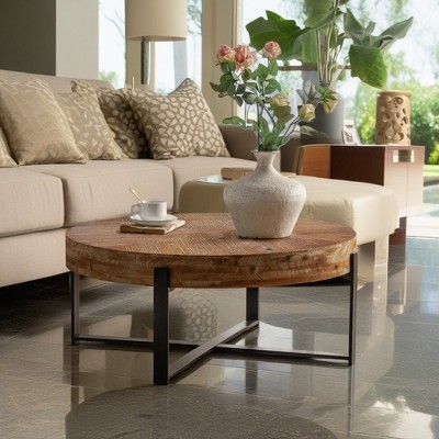 Lovmor 33.86"Modern Retro Splicing Round Coffee Table,Fir Wood Table Top with Gold Cross Legs Base