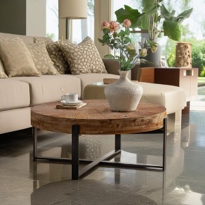 Lovmor 33.86"Modern Retro Splicing Round Coffee Table,Fir Wood Table Top with Gold Cross Legs Base - 1 of 4