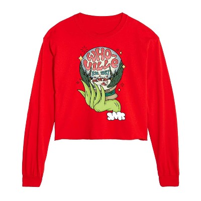 Dr. Seuss The Grinch Christmas Who-Ville Est. 1957 Cropped Long Sleeve T-Shirt - Red - Large