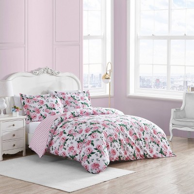 Twin Pink Cotton Floral Duvet Cover Set with Sham