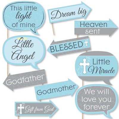 Big Dot of Happiness Funny Little Miracle Boy Blue & Gray Cross - Baptism or Baby Shower Photo Booth Props Kit - 10 Piece